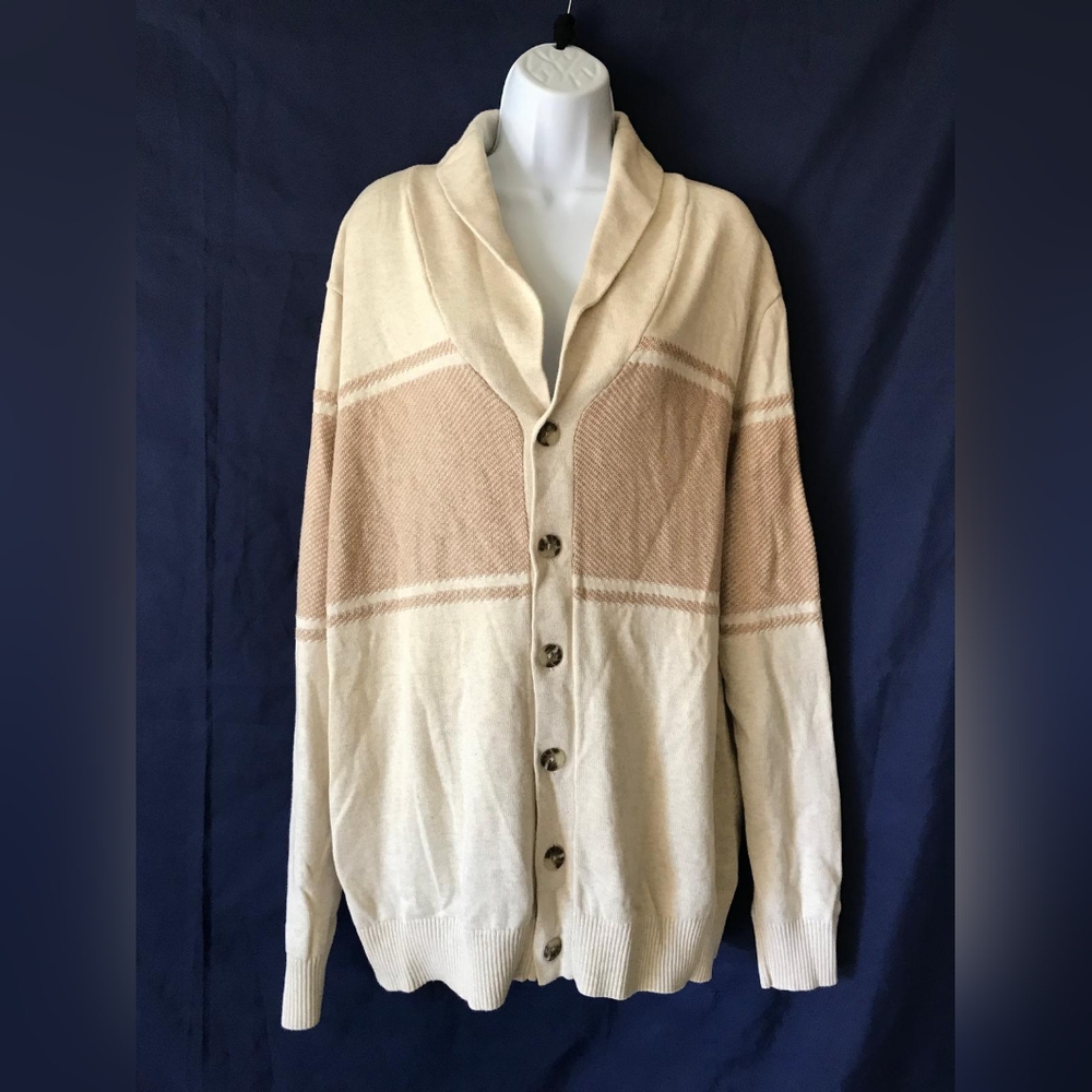 Goodfellow & Co Men's Shawl Collar Cardigan Sweater Beige Tan Stripe Knit Grandp